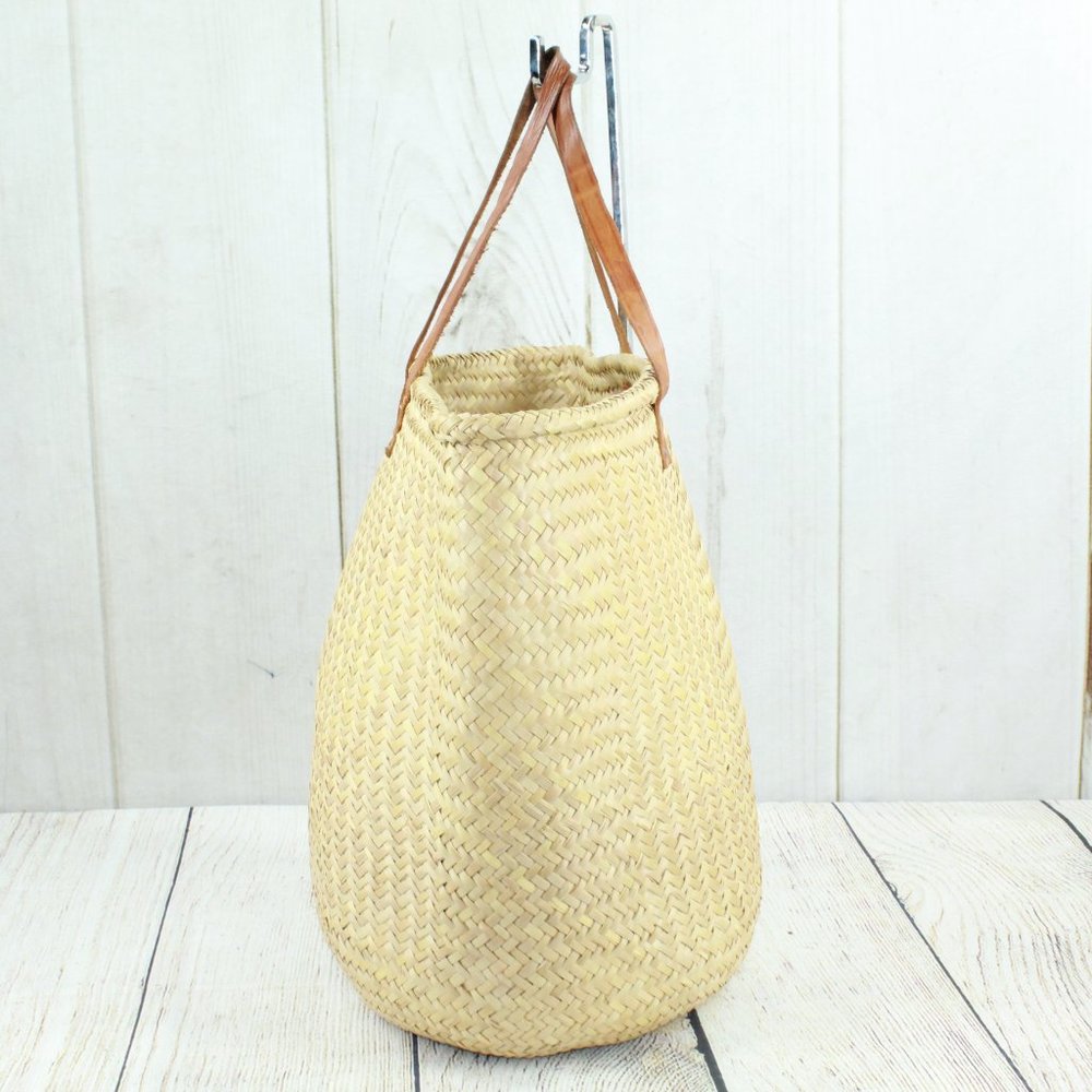 Women's Tan Ratan Cowhide Woven Double Handle Leather Bucket Tote Handbag - Picture 5 of 9